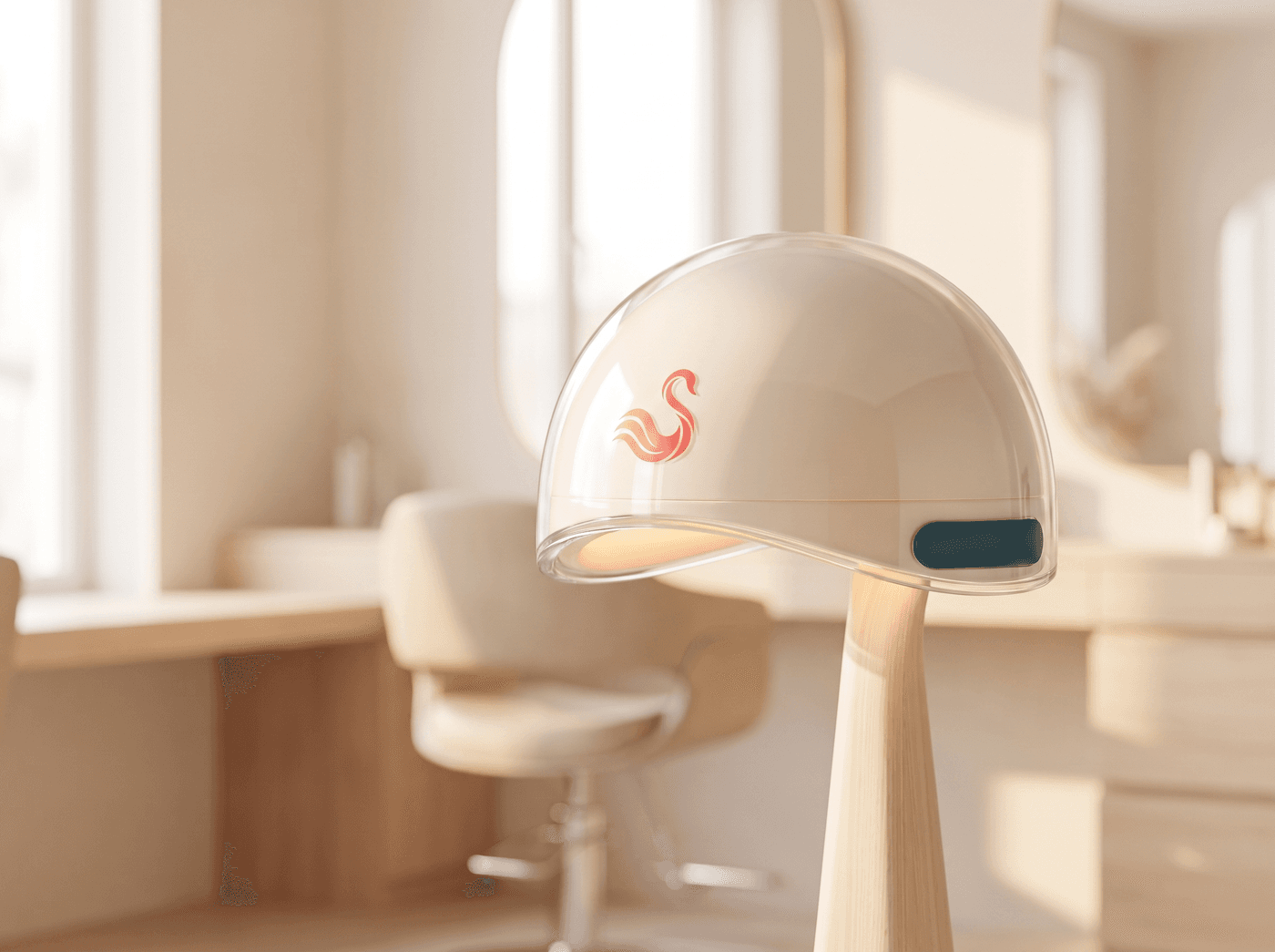 Concept render of SWAN — a translucent dome treatment device on a pedestal, wearing an abstract coral swan emblem, in a softly blurred modern salon