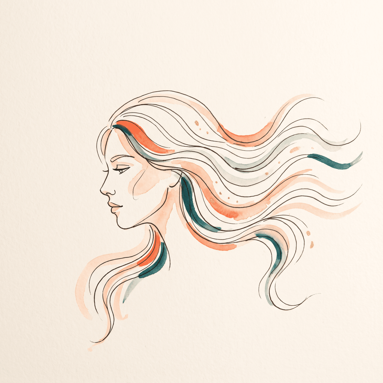 Illustration of wavy hair flowing into coral and teal frequency waves — Wavvy's take on hair as the body's natural climate control
